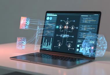 Laptop displaying an AI agent interface connecting multiple data sources and digital tools.