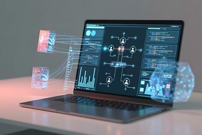 Laptop displaying an AI agent interface connecting multiple data sources and digital tools.