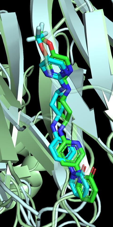 Molecular structure showing the predicted and crystallographic binding poses of the PCSK9 inhibitor AZD0780 within the protein binding pocket.