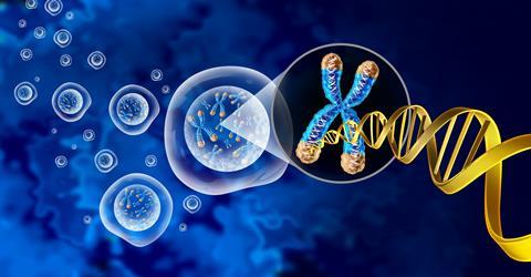 Illustration of cells with a magnified view of chromosomes and a DNA double helix, representing genetic material inside the cell nucleus.
