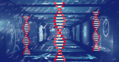 Dna,Structure,Spinning,Over,Screens,On,Medical,Data,Processing,Against