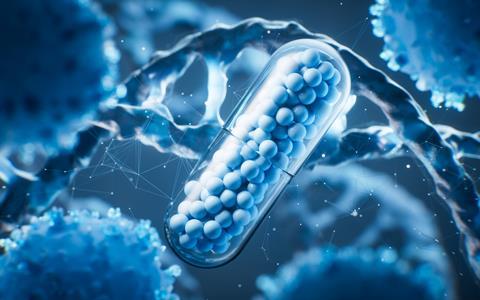 Medical,Capsule,With,Biological,Dna,Background,,3d,Rendering.,Non,Of