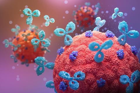 Antibodies,Attack,A,Cancer,Cell,Or,Bacterium,,3d,Illustration.