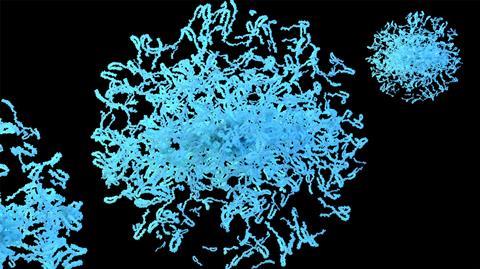 Scientific illustration of an alpha-synuclein protein structure against a dark background.