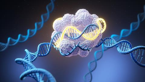 Illustration of CRISPR gene editing machinery interacting with a DNA strand.