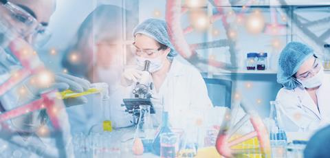 Doctor,Or,Scientist,Use,Microscope,with,Molecular,And,Dna,Structure,And