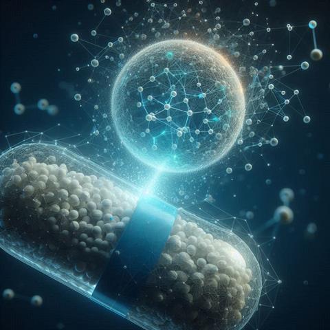 Una pillola o capsula farmaceutica che si dissolve, rilasciando particelle che si trasformano gradualmente in nodi di una rete neurale o in una struttura molecolare. (1)