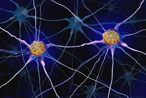 Illustration of interconnected neurons, with two nerve cells showing bright yellow structures within their cell bodies.