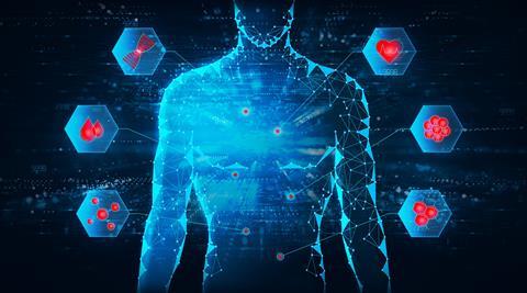 Digital illustration of a human body surrounded by symbols representing biological measurements, including blood, DNA, heart activity and molecular markers.
