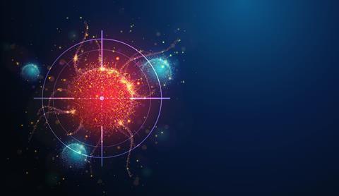 Abstract,Vertical,Illustration,Of,Targeting,Cancer,Cell,Made,Of,Glowing