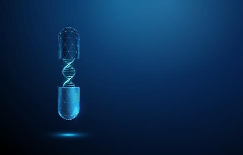 Abstract,Opened,Blue,Medical,Drug,Capsule,With,Dna,Helix,Inside.