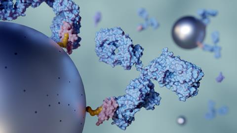 A,Close-up,3d,Rendering,Of,Antibody-conjugated,Magnetic,Nanoparticles.